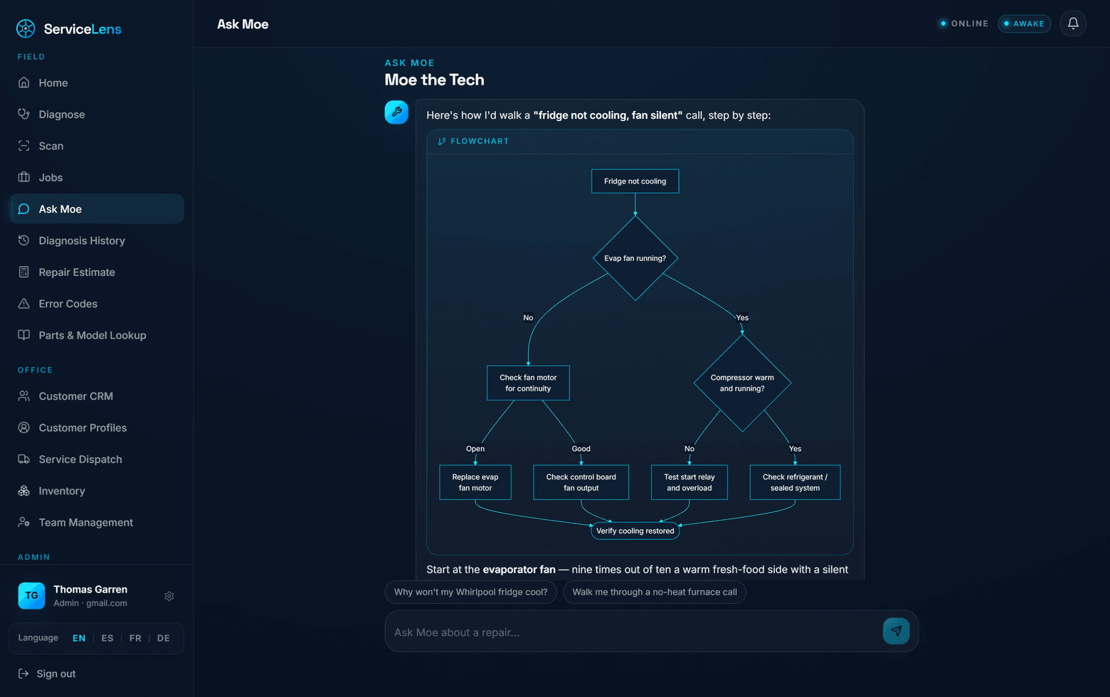 ServiceLens Ask Moe — conversational assistant that renders a diagnostic flowchart for a fridge-not-cooling call