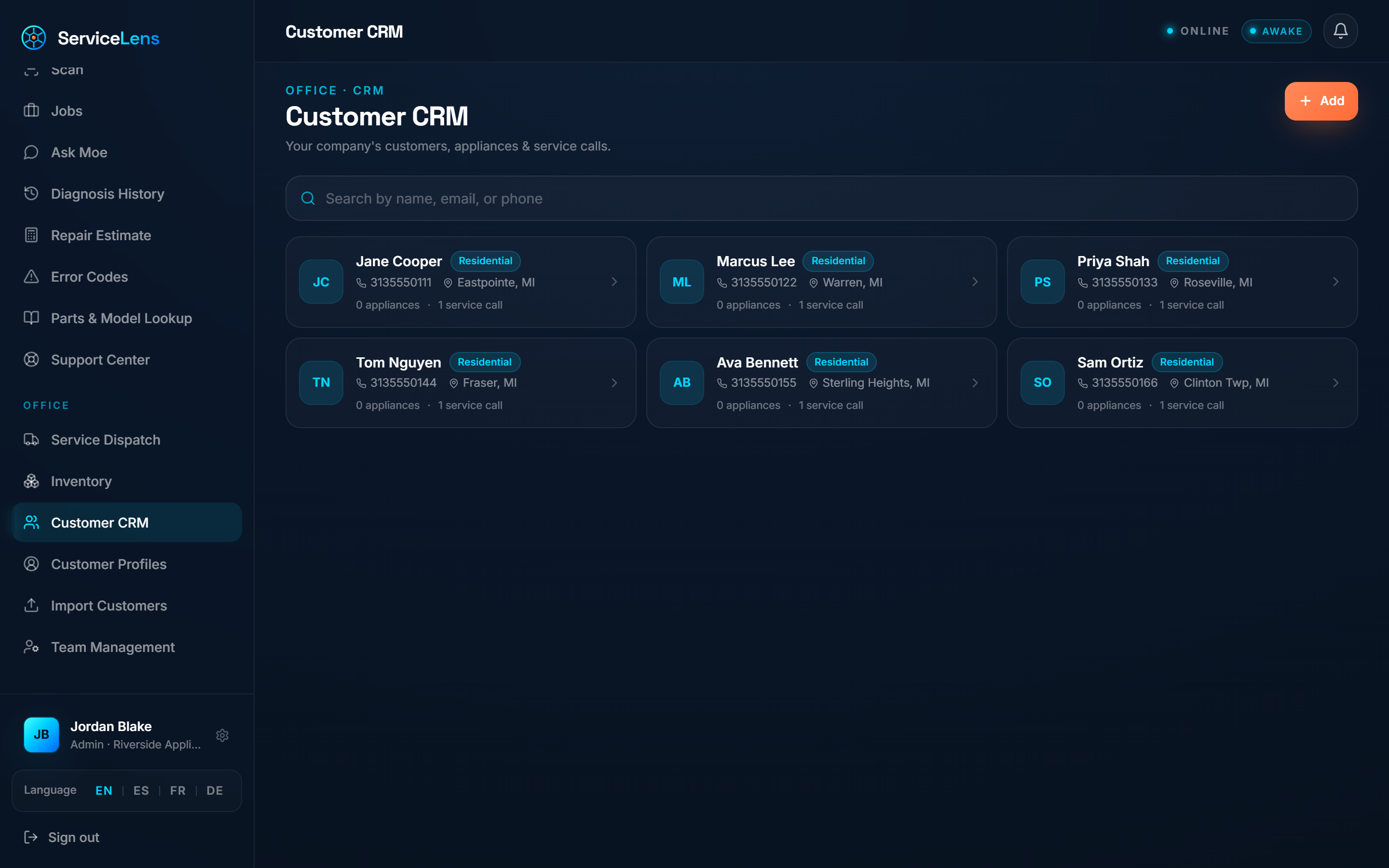 Customer CRM — every customer, appliance and service call in one place