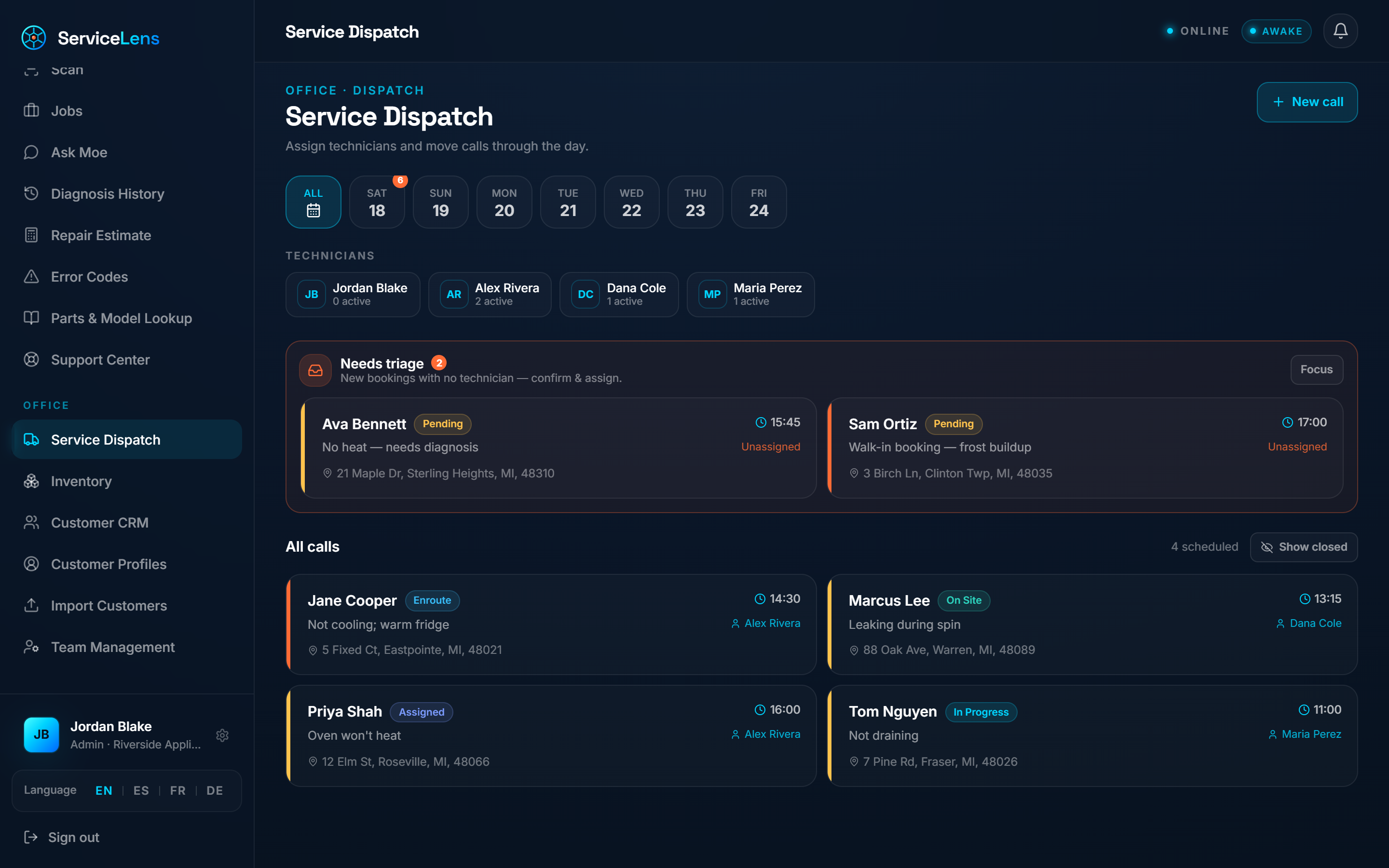 Service Dispatch — triage new bookings, assign, and track every call live